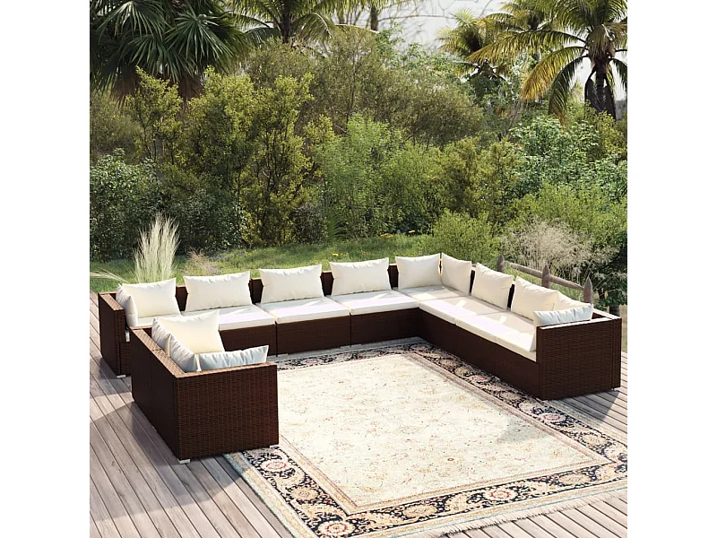 10-delige Loungeset met kussens poly rattan bruin