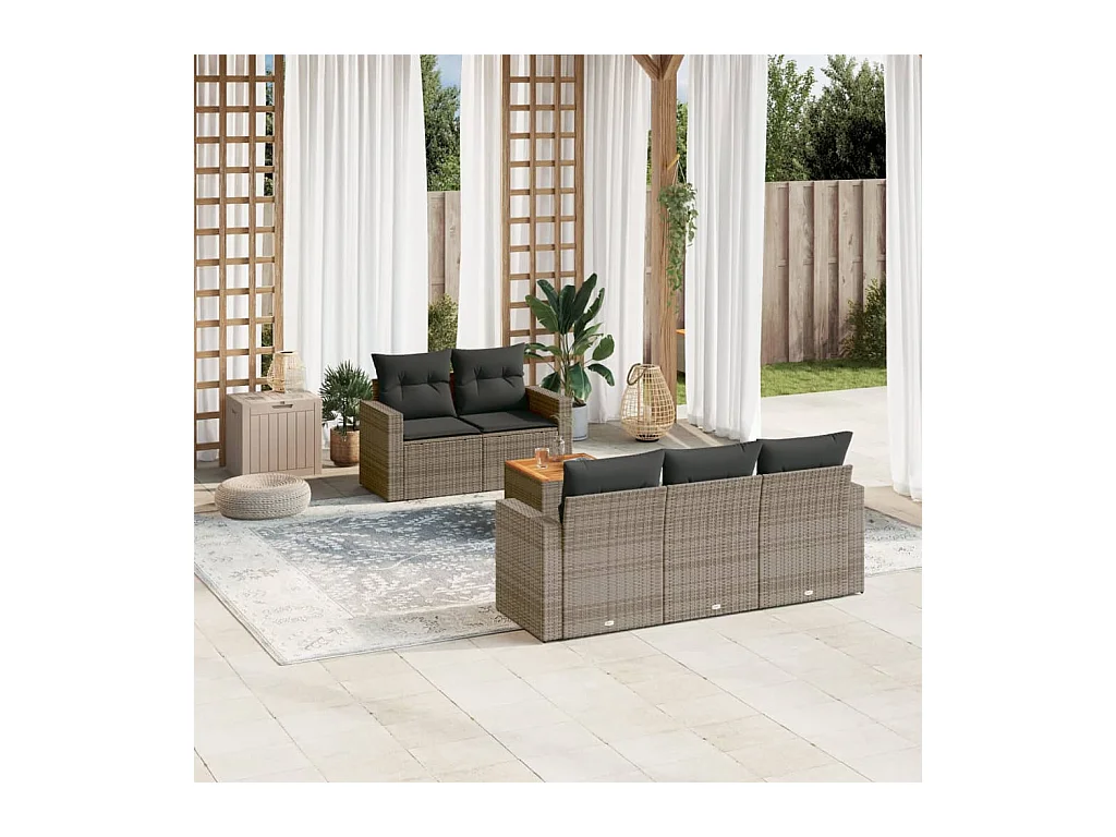 Salon de jardin 6 pièces avec coussins gris résine tressée