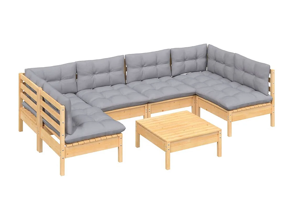 Salon de jardin 7 pièces avec coussins gris bois de pin massif