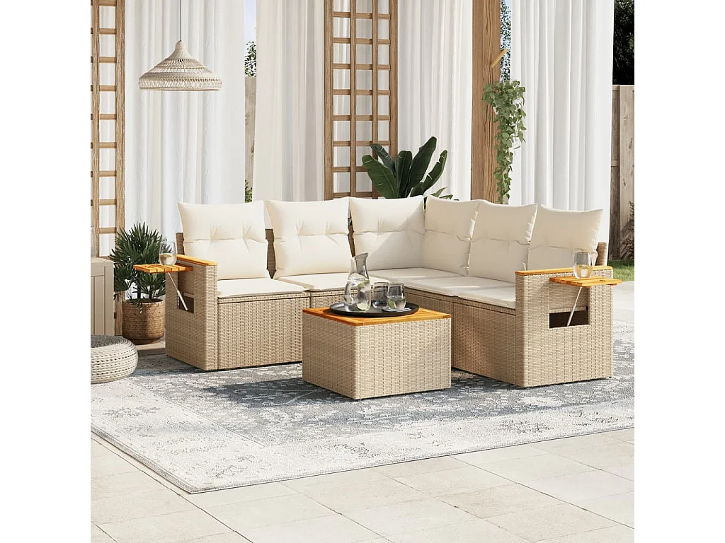 6-delige Loungeset met kussens poly rattan beige