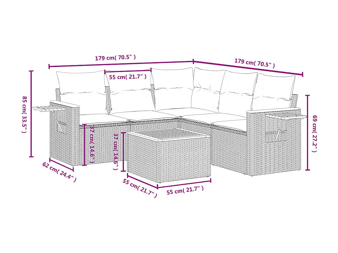 6-delige Loungeset met kussens poly rattan beige