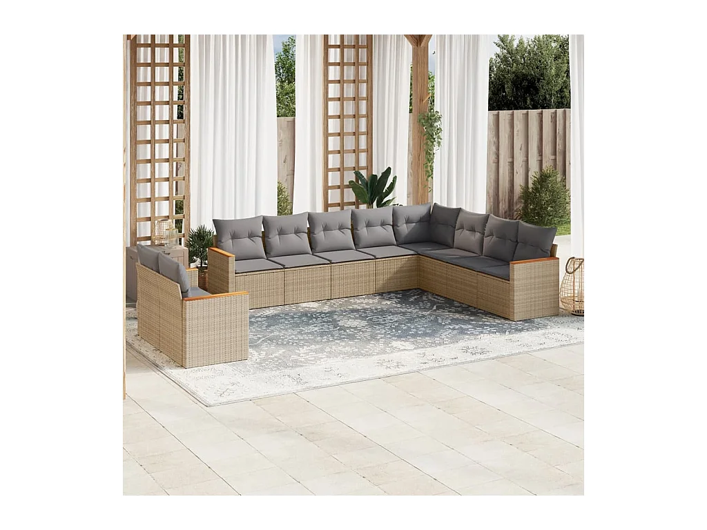 Salon de jardin et coussins 10 pièces mélange beige résine tressée
