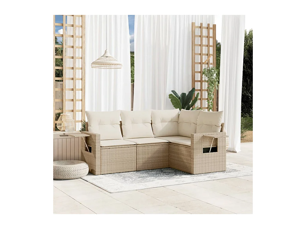 Salon de jardin avec coussins 4 pièces beige résine tressée