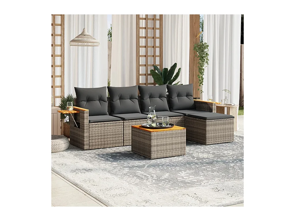 6-delige Loungeset met kussens poly rattan grijs