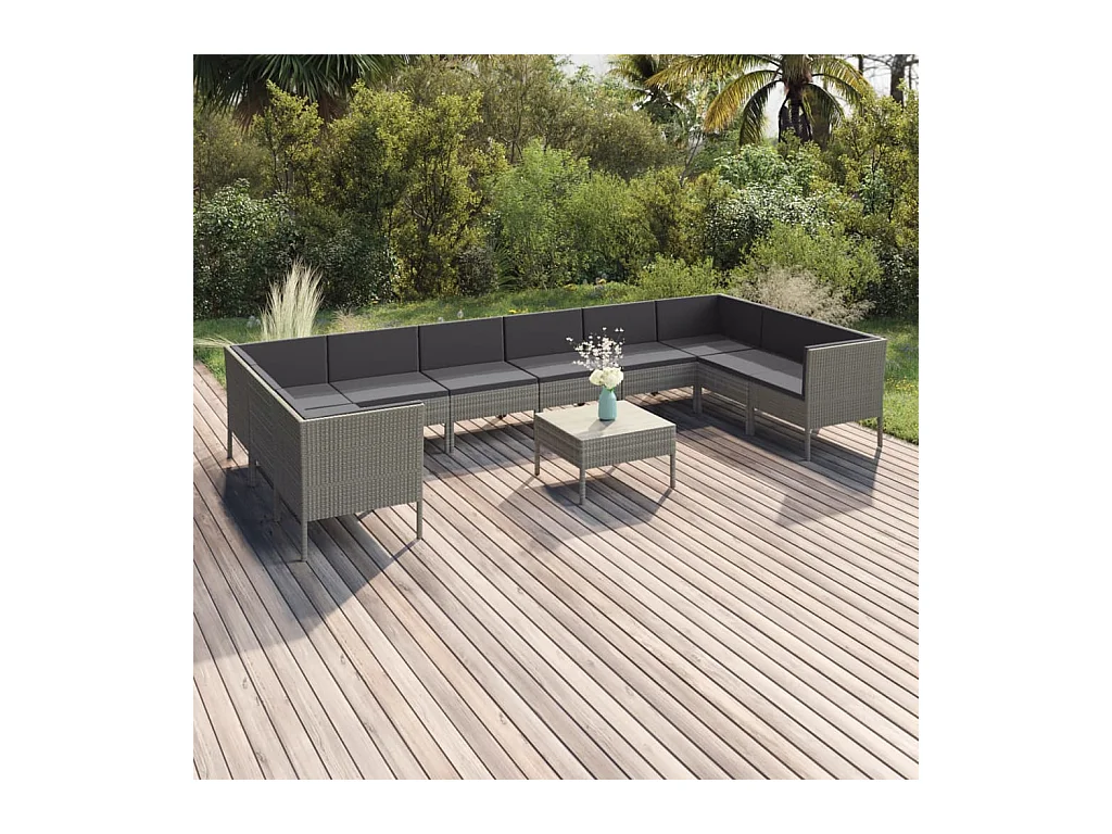 Salon de jardin 11 pièces avec coussins Résine tressée Gris
