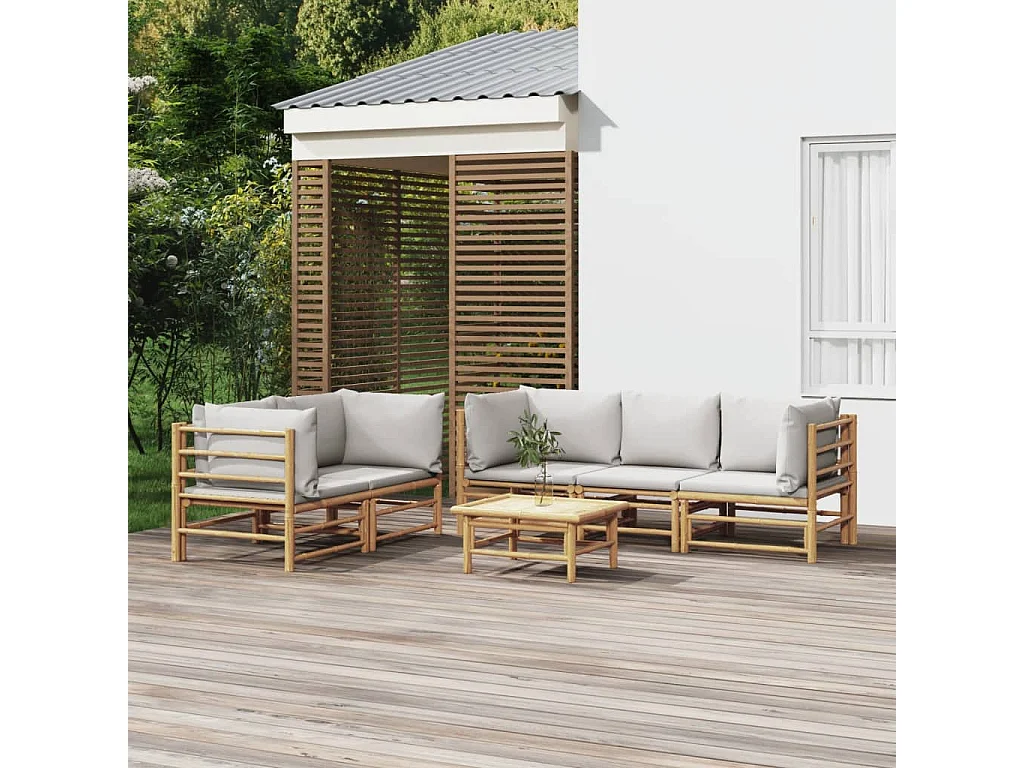 Salon de jardin 6 pièces avec coussins gris clair bambou