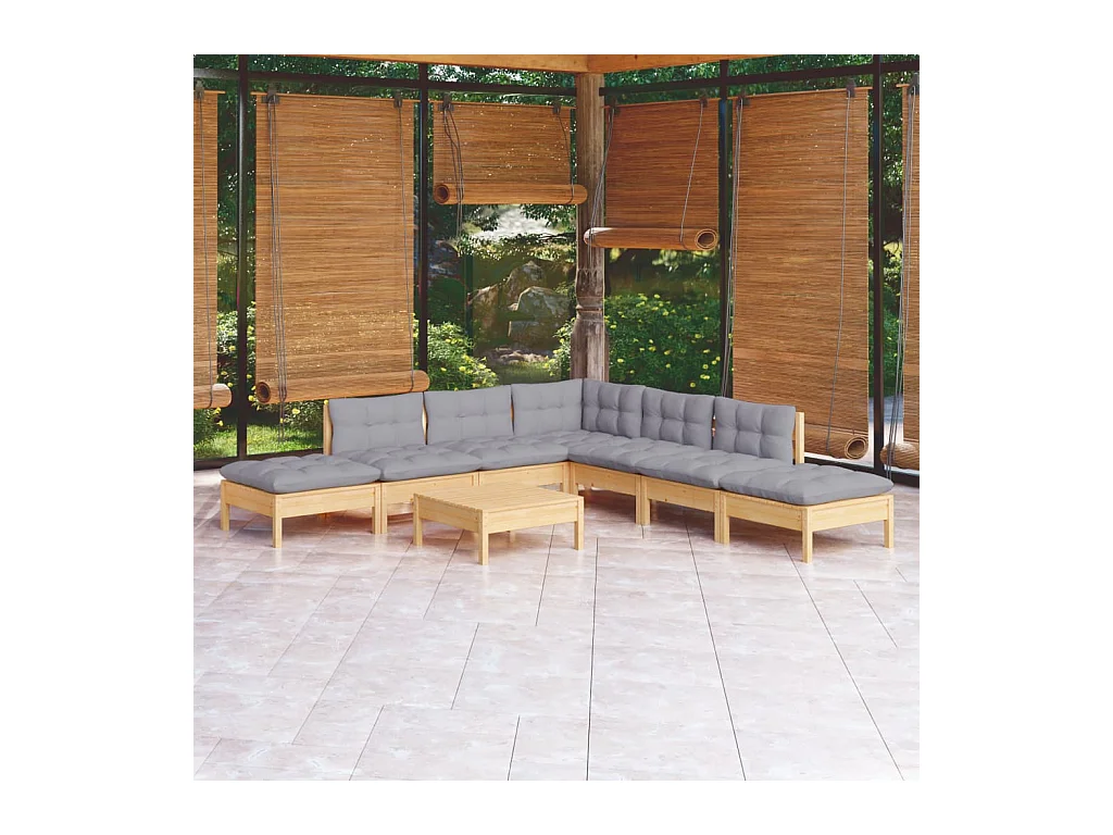 Salon de jardin 8 pièces avec coussins gris Bois de pin