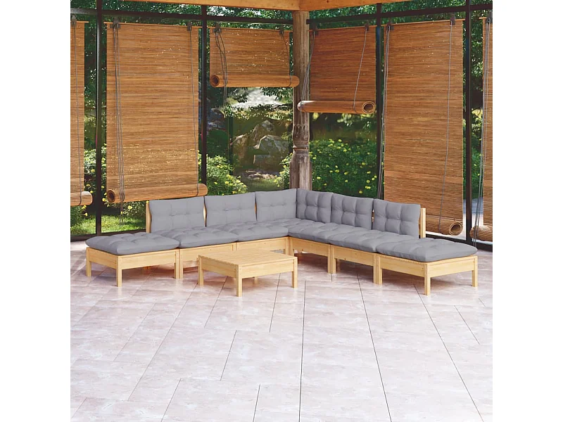 Juego de muebles de jardín 8 piezas y cojines madera pino gris
