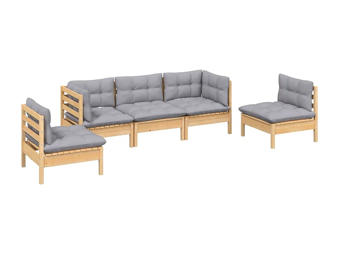 5 peças conjunto lounge de jardim + almofadões cinza pinho maciço