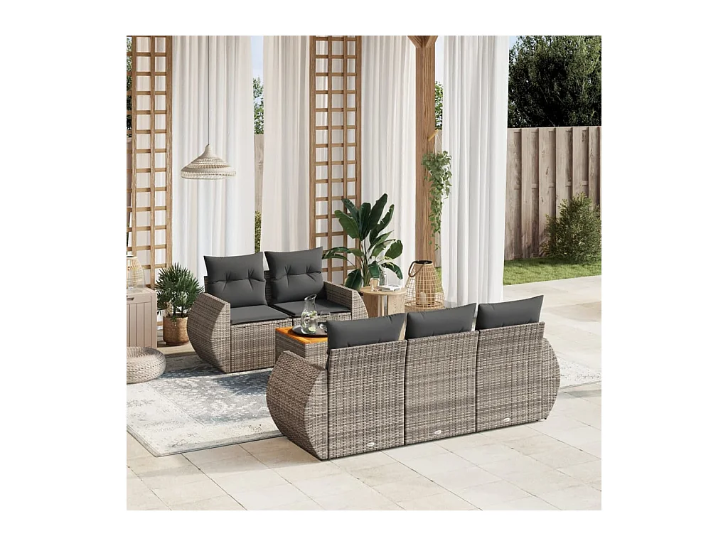 Salon de jardin 6 pièces avec coussins gris résine tressée