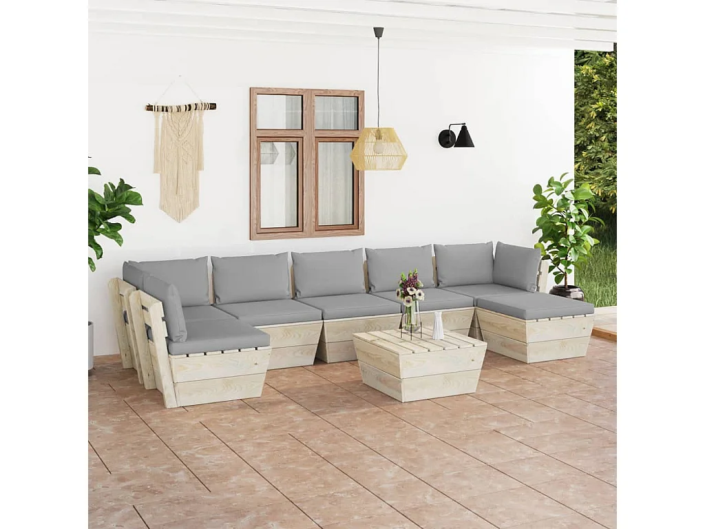 Salon de jardin palette 8 pièces avec coussins Épicéa imprégné