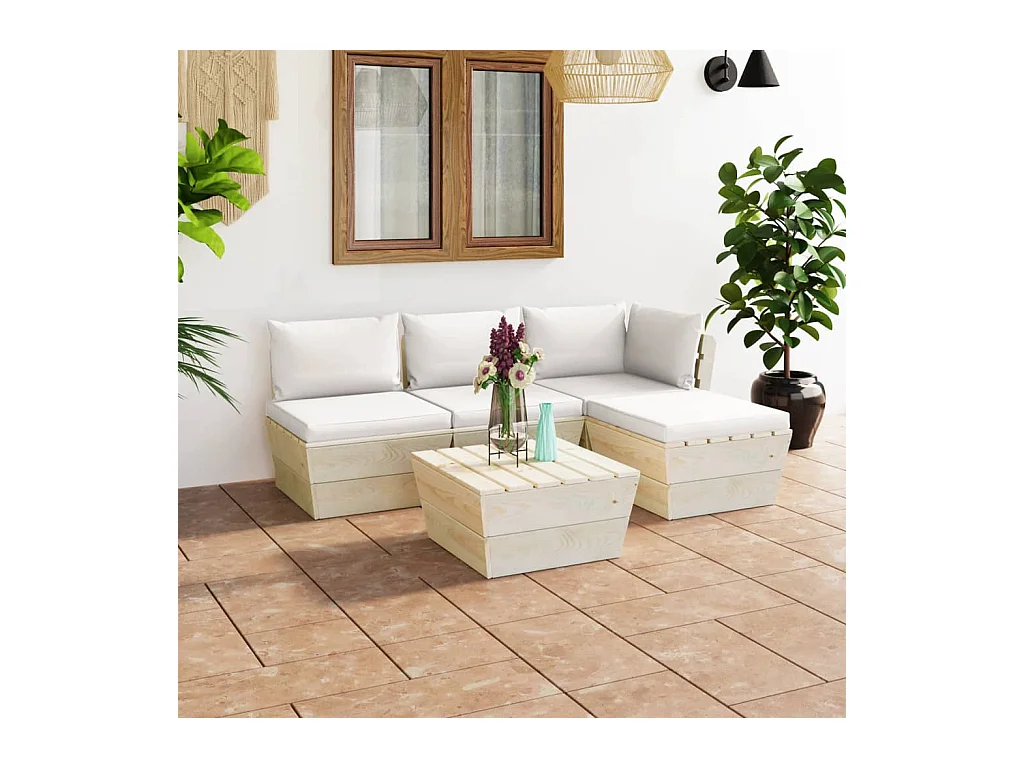 Salon de jardin palette 5 pièces avec coussins Épicéa imprégné