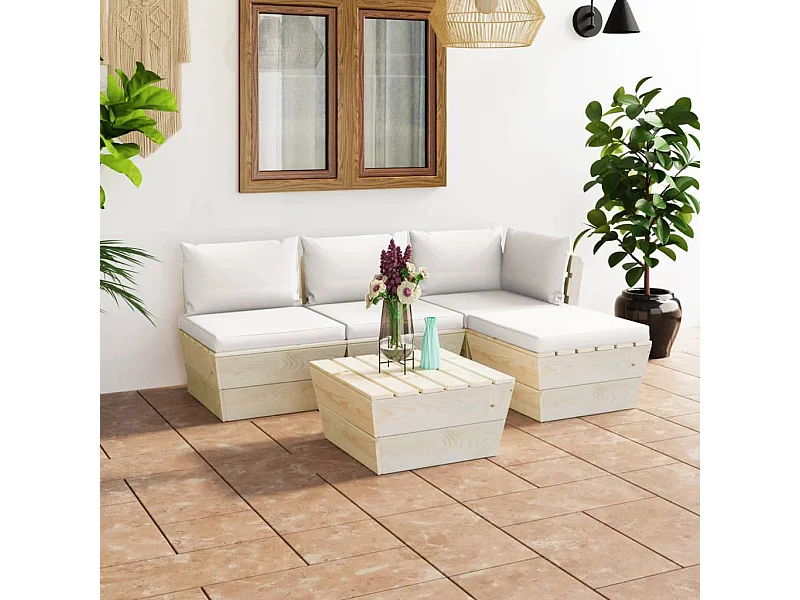 Salon de jardin palette 5 pièces avec coussins Épicéa imprégné
