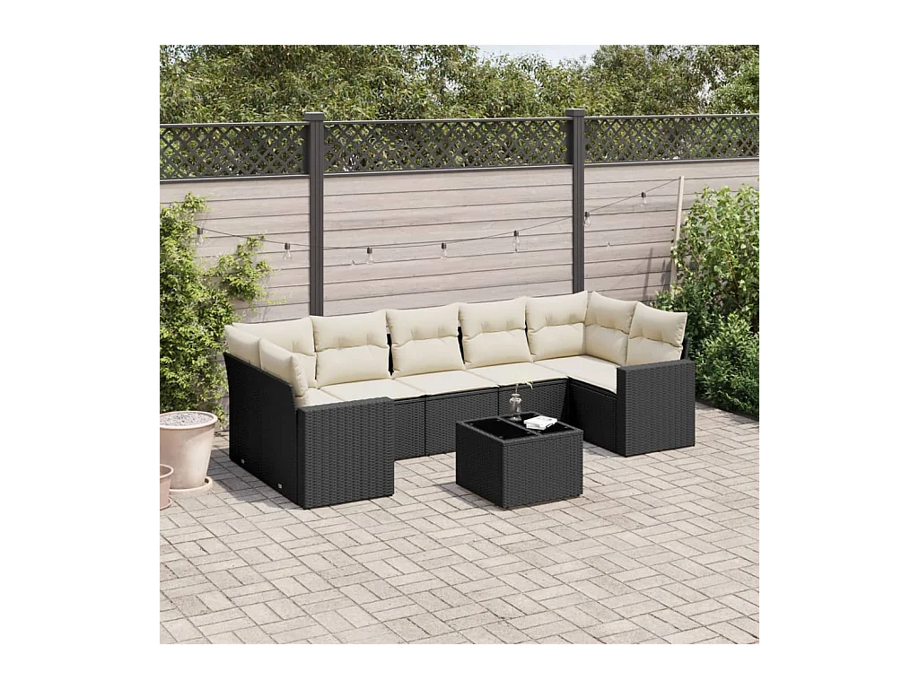 8-delige Loungeset met kussens poly rattan zwart