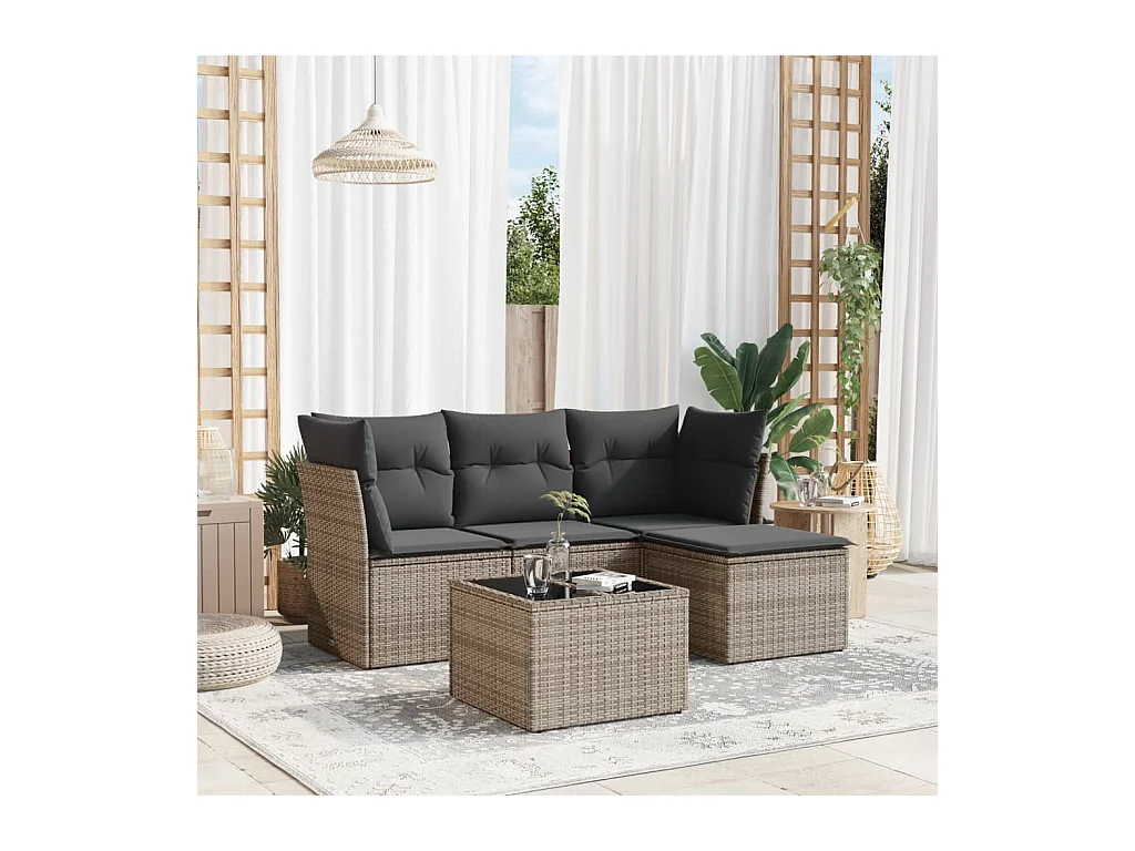 Salon de jardin 5 pièces avec coussins gris résine tressée