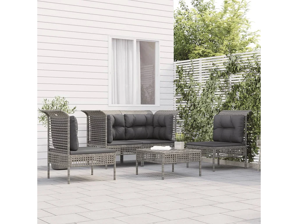 5 peças conjunto lounge de jardim c/ almofadões vime PE cinzento