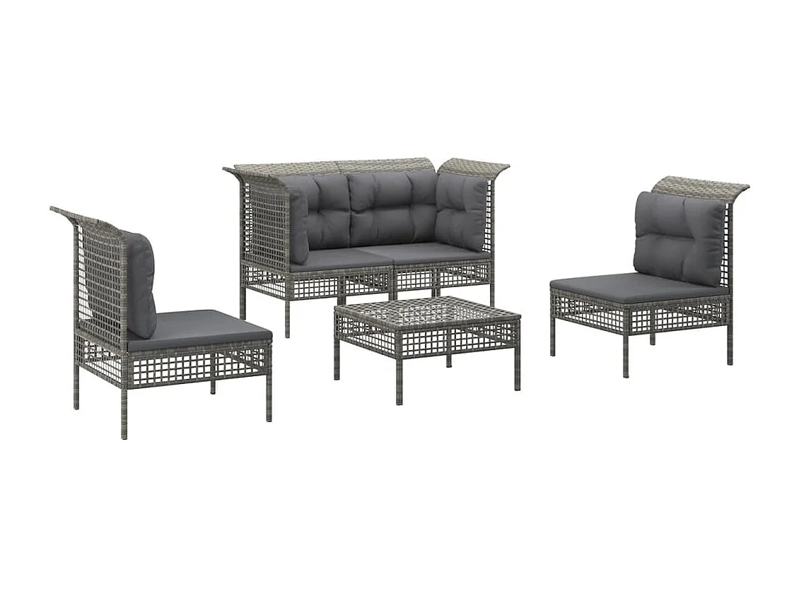 5 peças conjunto lounge de jardim c/ almofadões vime PE cinzento