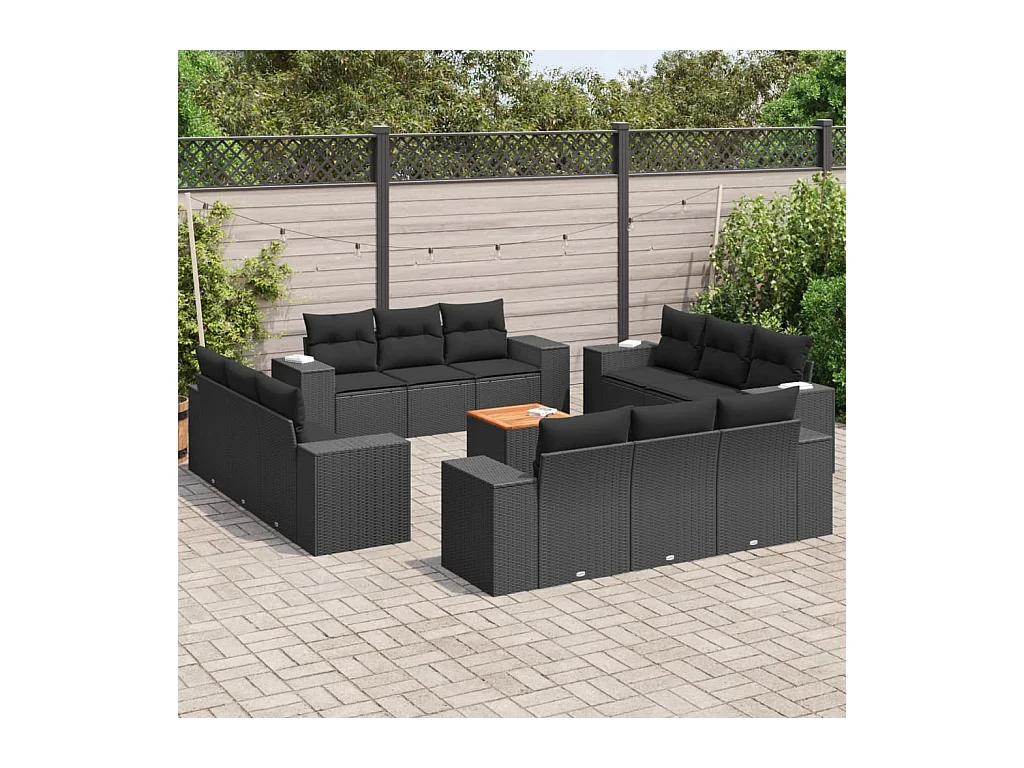 Salon de jardin avec coussins 13 pièces noir résine tressée