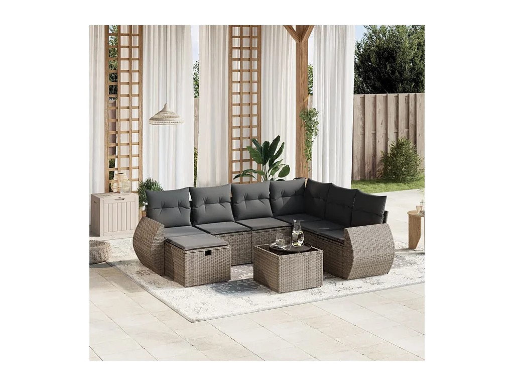 8 peças conjunto sofás de jardim c/ almofadões vime PE cinzento