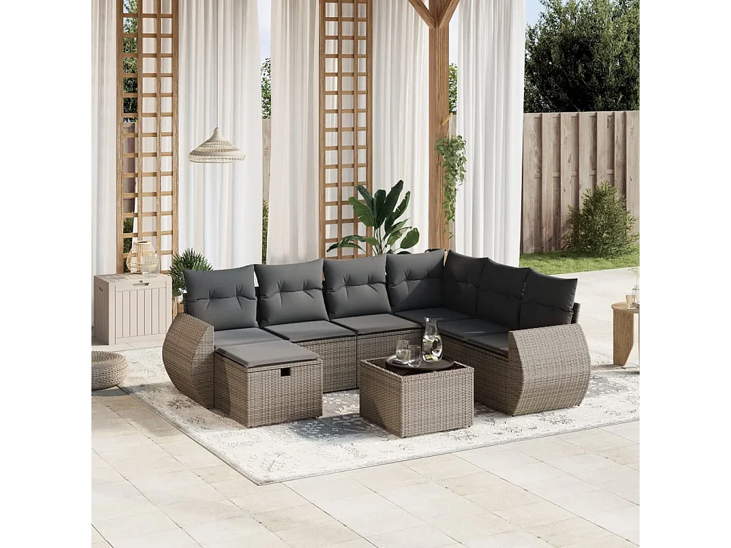 8-delige Loungeset met kussens poly rattan grijs