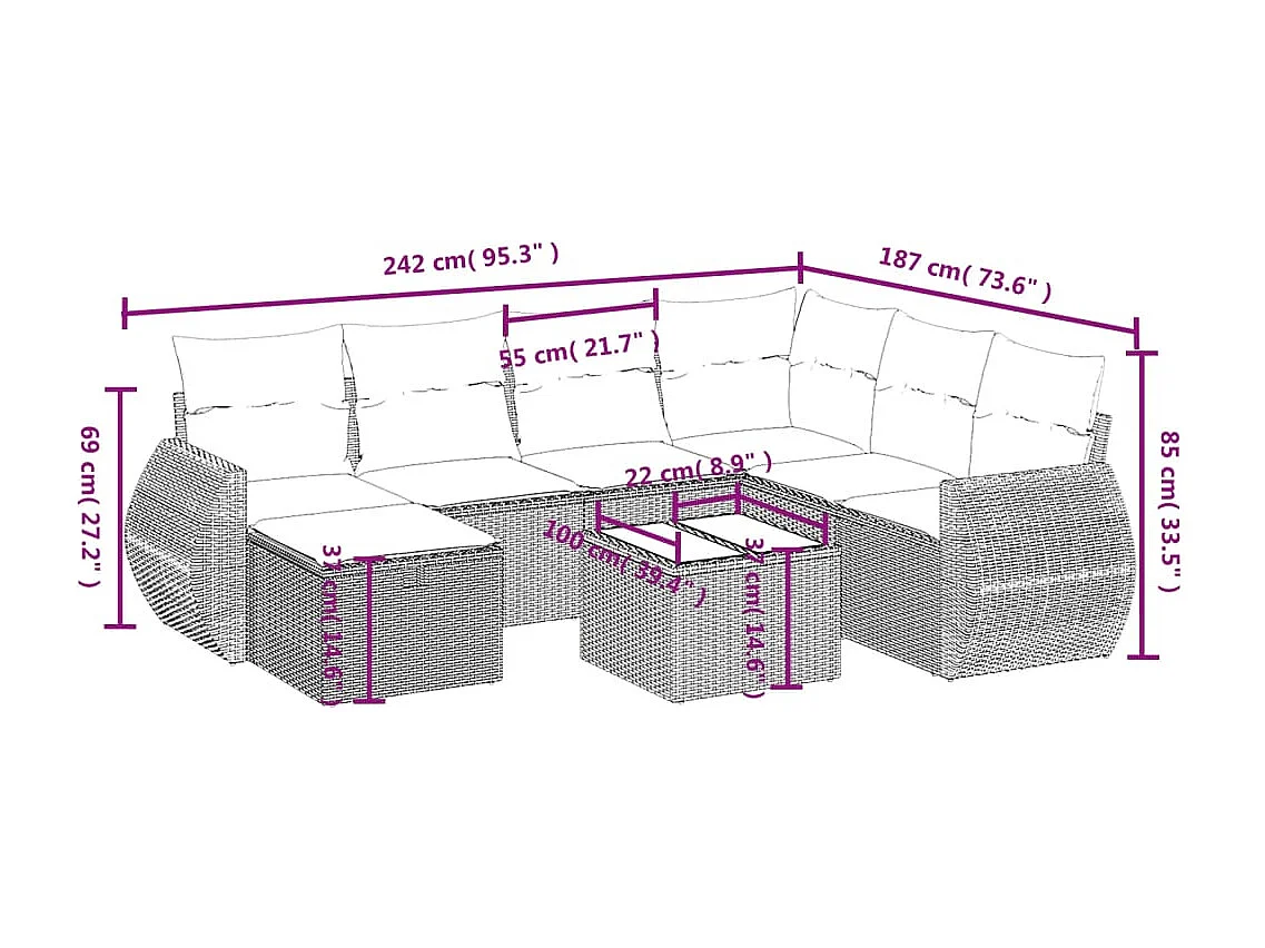 8-delige Loungeset met kussens poly rattan grijs