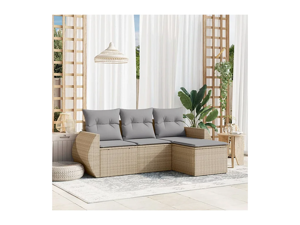 4-delige Loungeset met kussens poly rattan beige