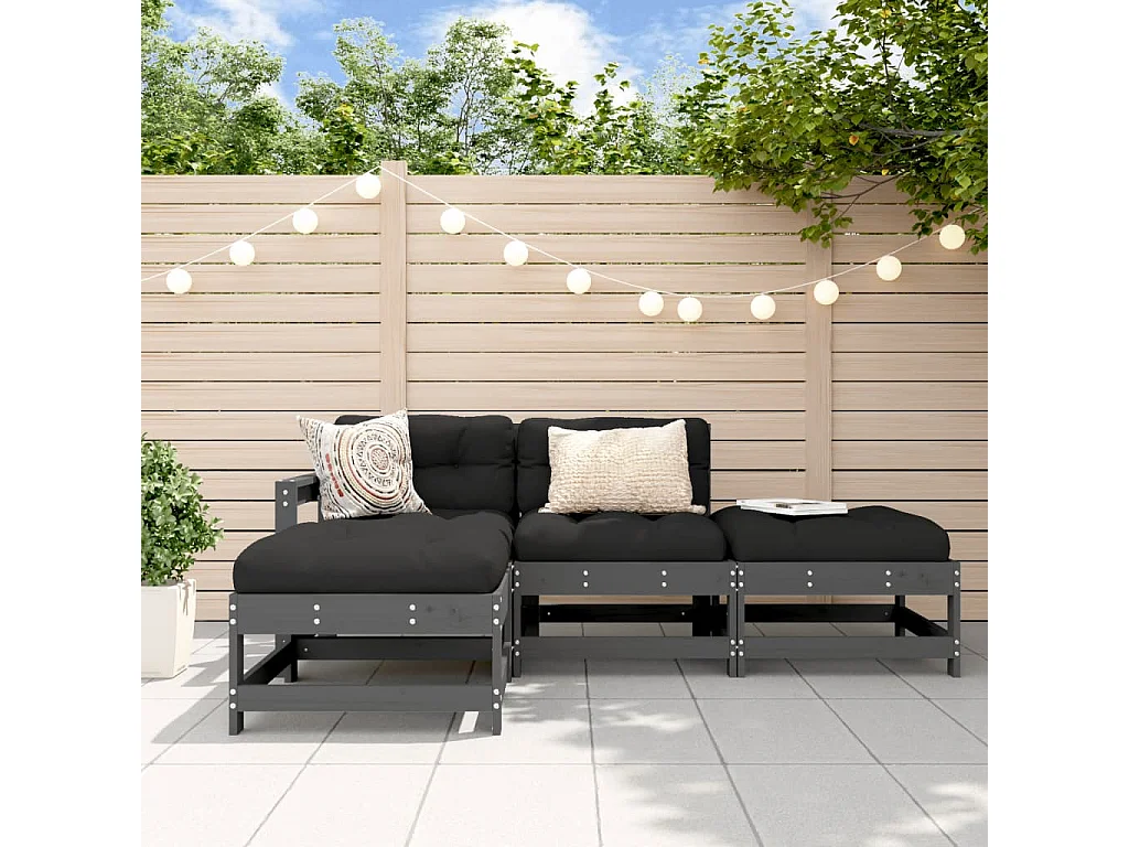 Juego de muebles de jardín 4 piezas y cojines madera maciza gris