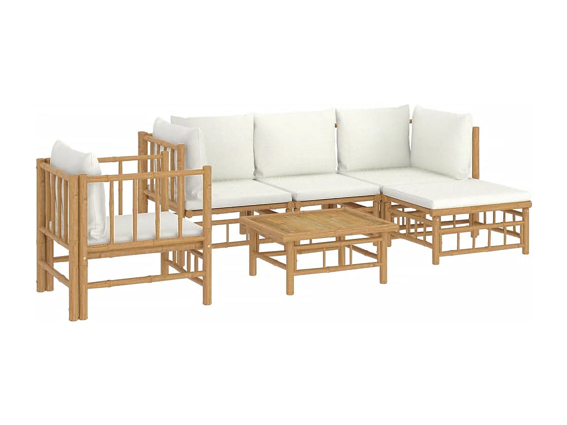 Set de muebles de jardín 6 piezas bambú y cojines blanco crema