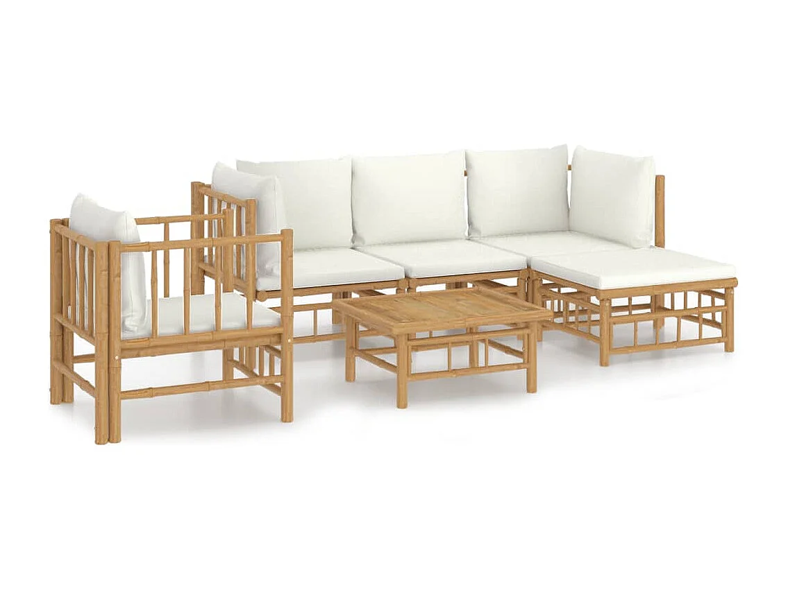 Set de muebles de jardín 6 piezas bambú y cojines blanco crema