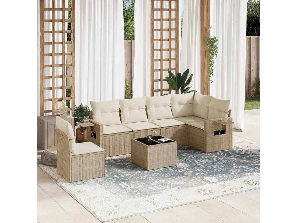 Salon de jardin avec coussins 7 pièces beige résine tressée