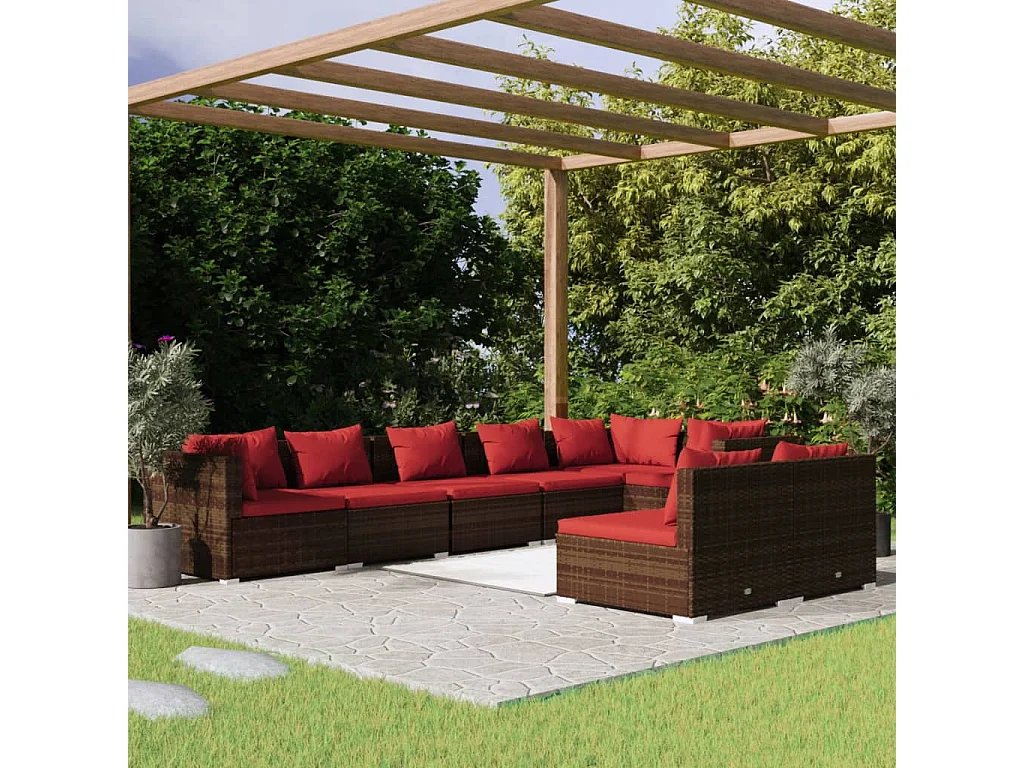 Set muebles de jardín 8 piezas y cojines ratán sintético marrón