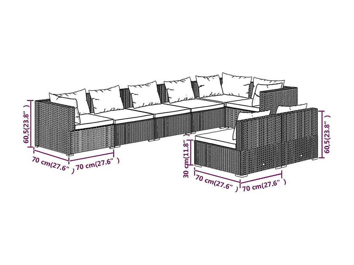 Set muebles de jardín 8 piezas y cojines ratán sintético marrón