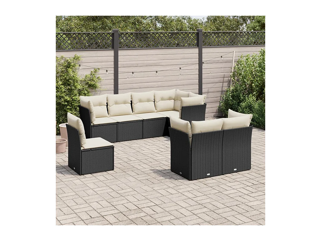 Salon de jardin 8 pièces avec coussins noir résine tressée