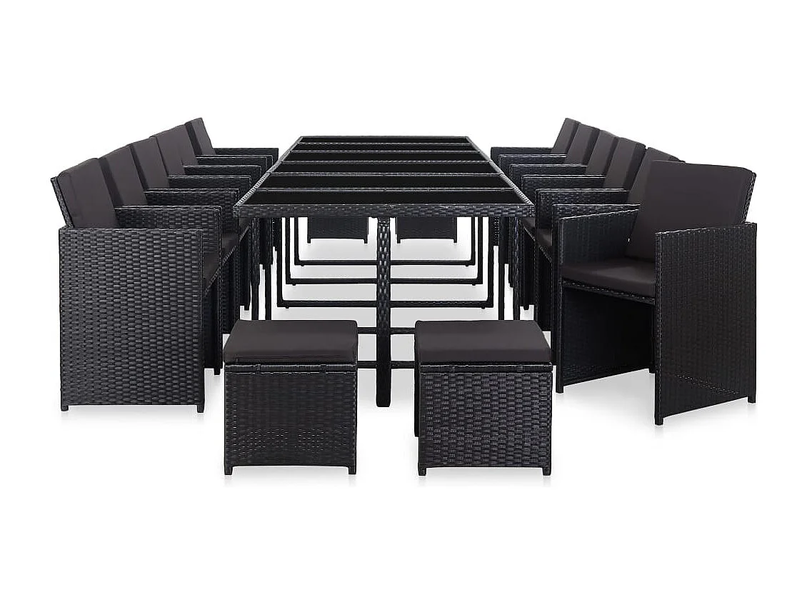 Set comedor de jardín 17 piezas y cojines ratán sintético negro