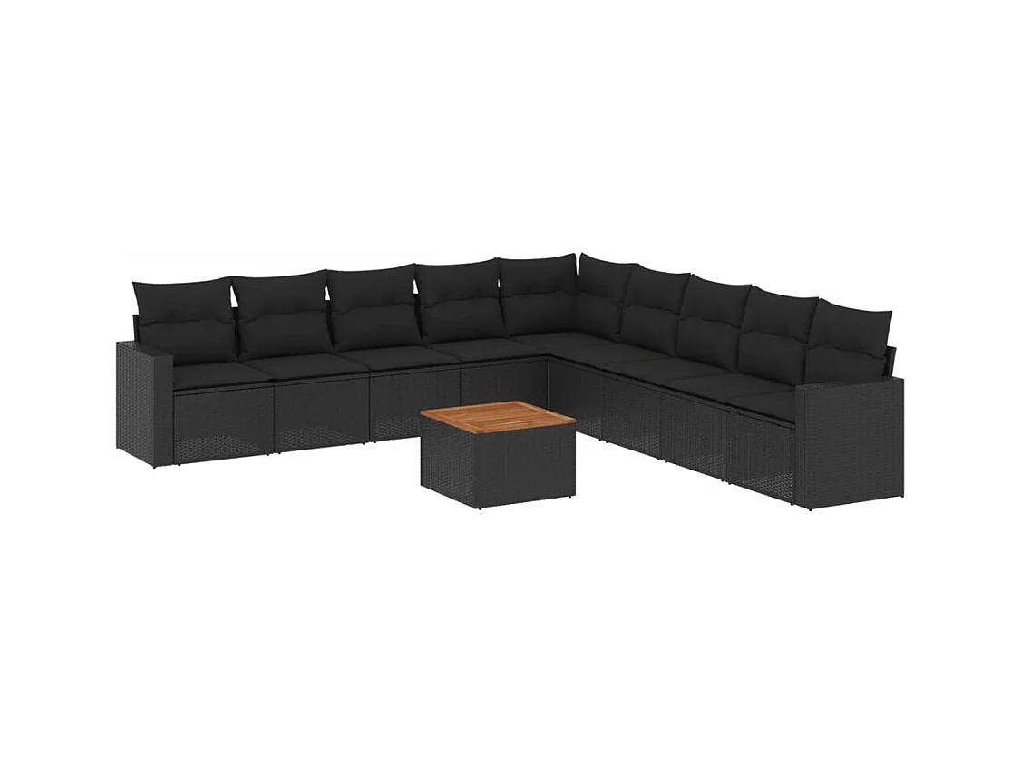 Salon de jardin 10 pièces avec coussins noir résine tressée
