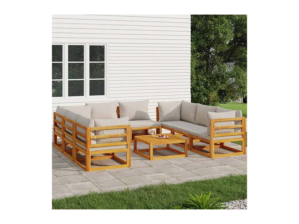 Salon de jardin 9 pièces avec coussins gris clair bois massif
