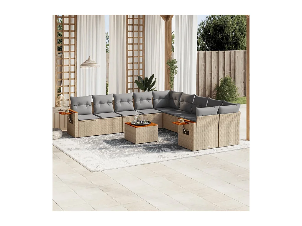 Salon de jardin 11 pièces avec coussins beige résine tressée