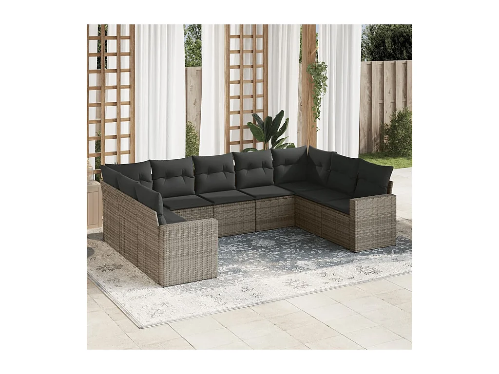 Salon de jardin 9 pièces avec coussins gris résine tressée