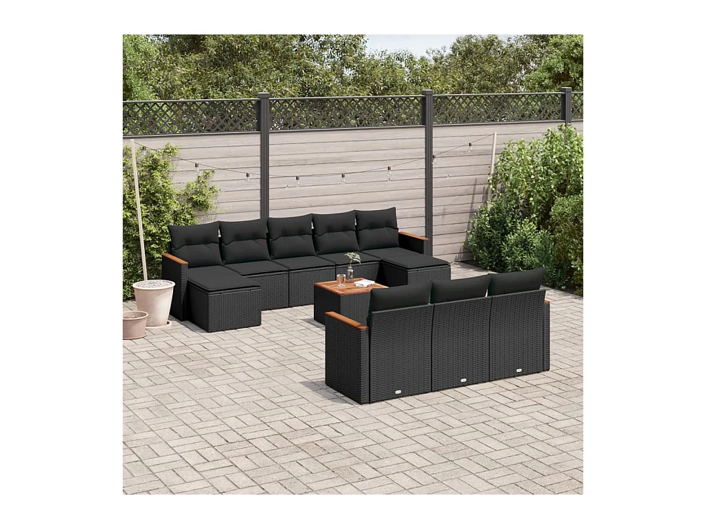 11 peças conjunto sofás de jardim c/ almofadões vime PE preto