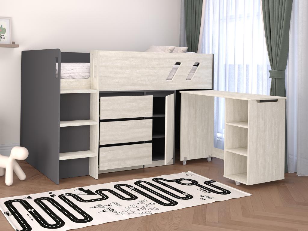 Kombi-Bett 90 x 190 cm - Mit Schreibtisch & Stauraum - Anthrazit & hellgrau günstig online kaufen