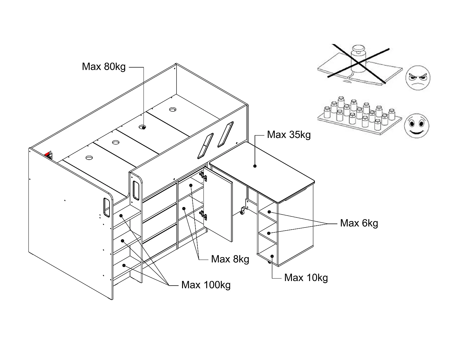 Cama combinada 90 x 190 cm com secretária e espaços de arrumação cor antracite e cinza natural + colchão - SAGITI