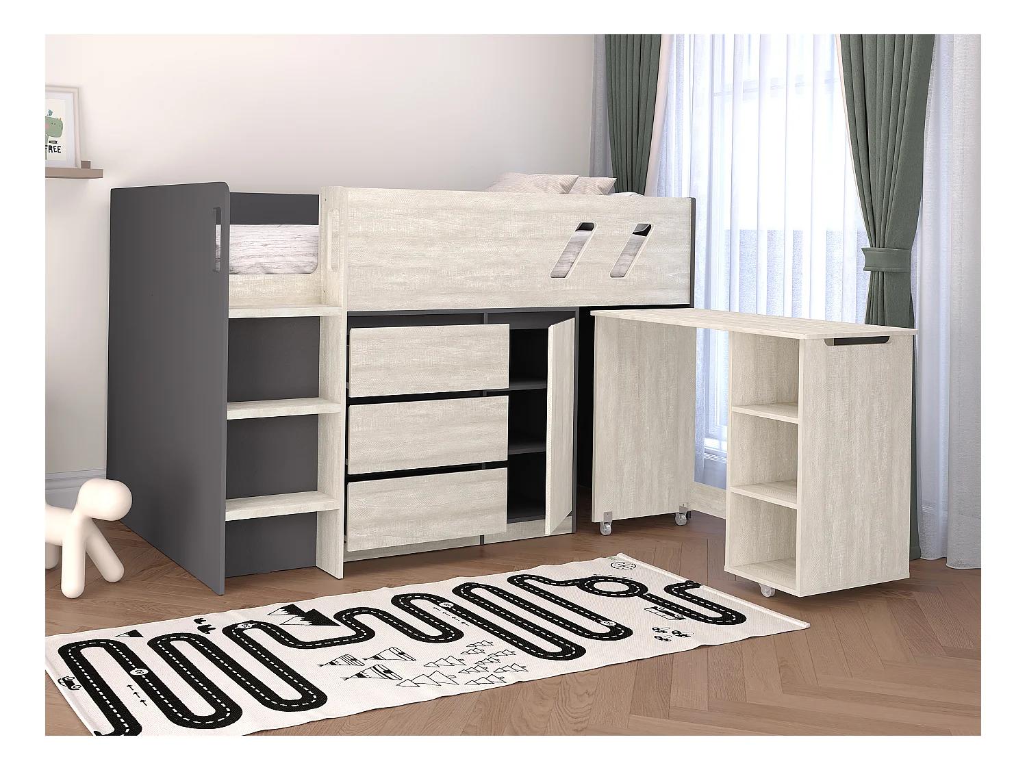 Kombi-Bett 90 x 190 cm - Mit Schreibtisch & Stauraum - Anthrazit & hellgraue Holzoptik + Matratze - SAGITI