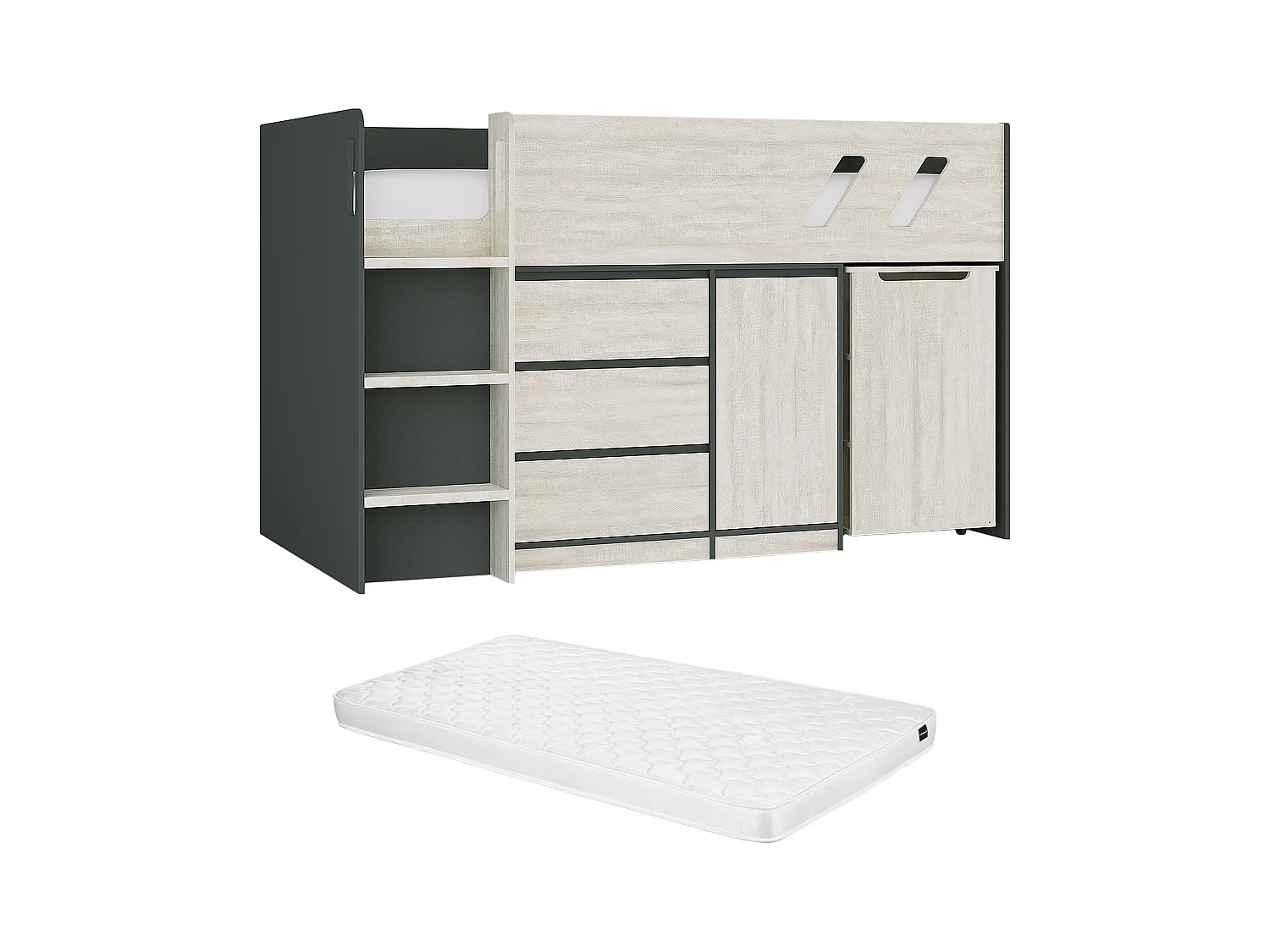Combinatiebed 90 x 190 cm met bureau en opbergruimte - Kleuren: donkergrijs en vergrijsde houtlook + matras - SAGITI