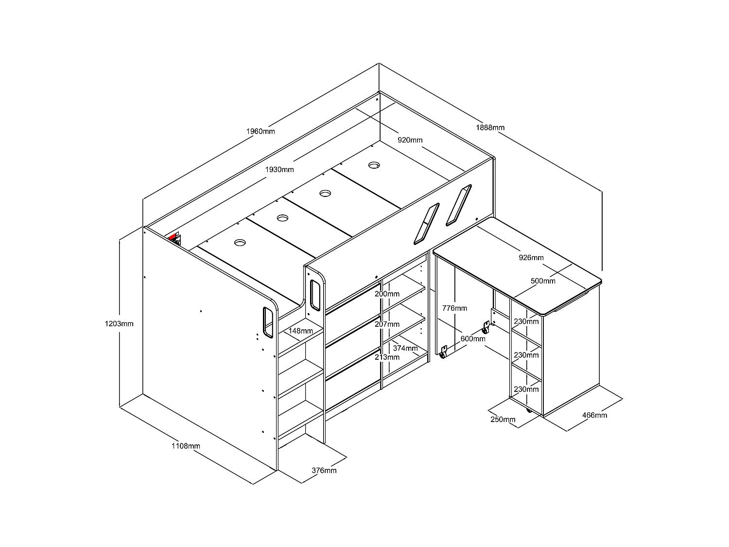 Combinatiebed 90 x 190 cm met bureau en opbergruimte - Kleuren: donkergrijs en vergrijsde houtlook + matras - SAGITI
