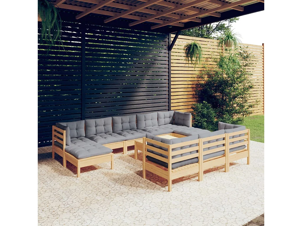 11peças conjunto lounge de jardim + almofadões cinza pinho maciço