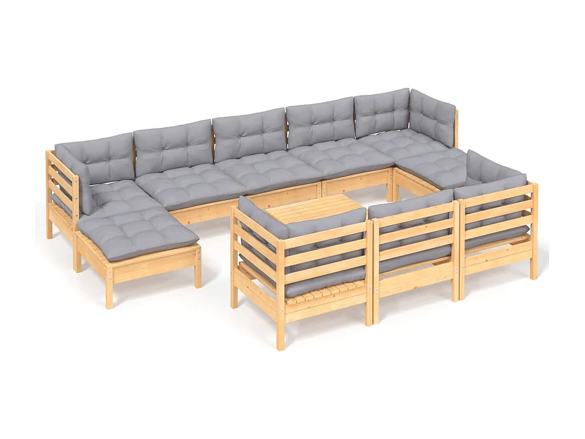 11peças conjunto lounge de jardim + almofadões cinza pinho maciço