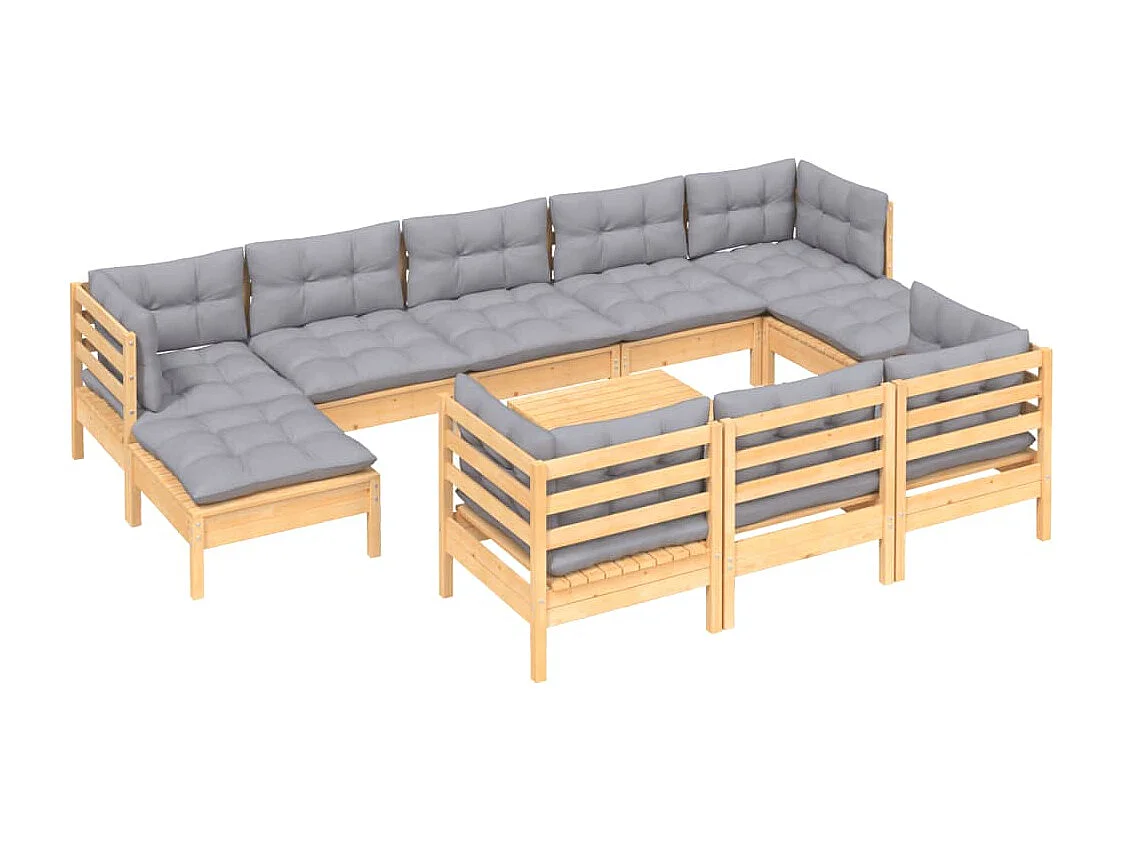 11peças conjunto lounge de jardim + almofadões cinza pinho maciço
