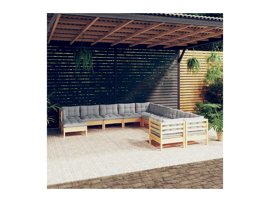 Salon de jardin 11 pièces avec coussins gris bois de pin