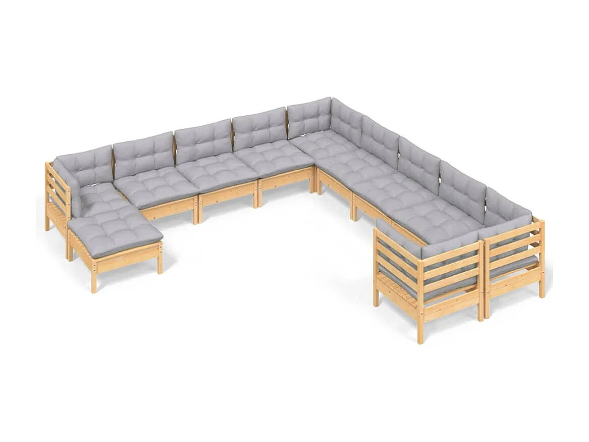Salon de jardin 11 pièces avec coussins gris bois de pin