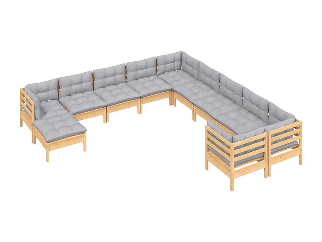 Salon de jardin 11 pièces avec coussins gris bois de pin